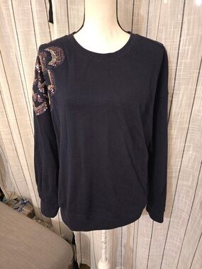 Democracy Navy Sweatshirt with Sequin Shoulder Embellishment